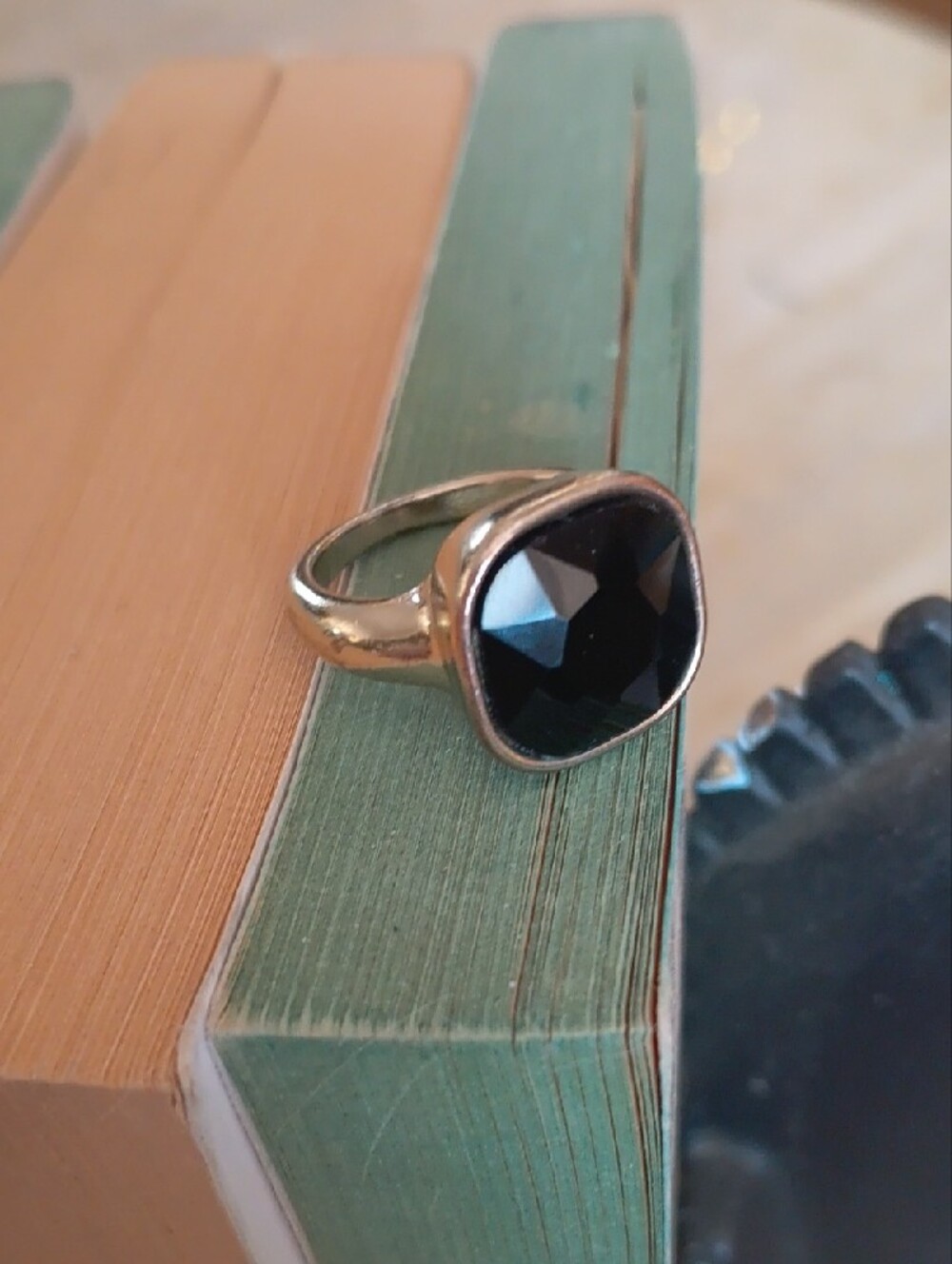 Black Faceted Onyx Stone gold-tone Ring